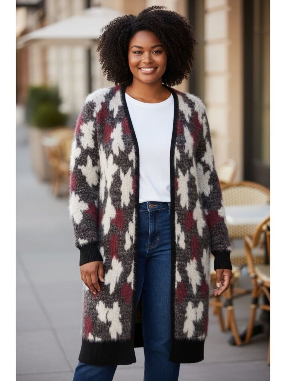Lane Bryant 18/20 Womens Floral Eyelash Knit Duster Cardigan Black BurgundyFuzzy